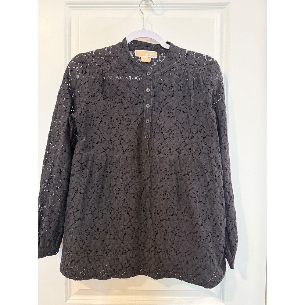 Michael Michael Kors Black Floral Lace Mandarin Collar Button‎ Blouse Small